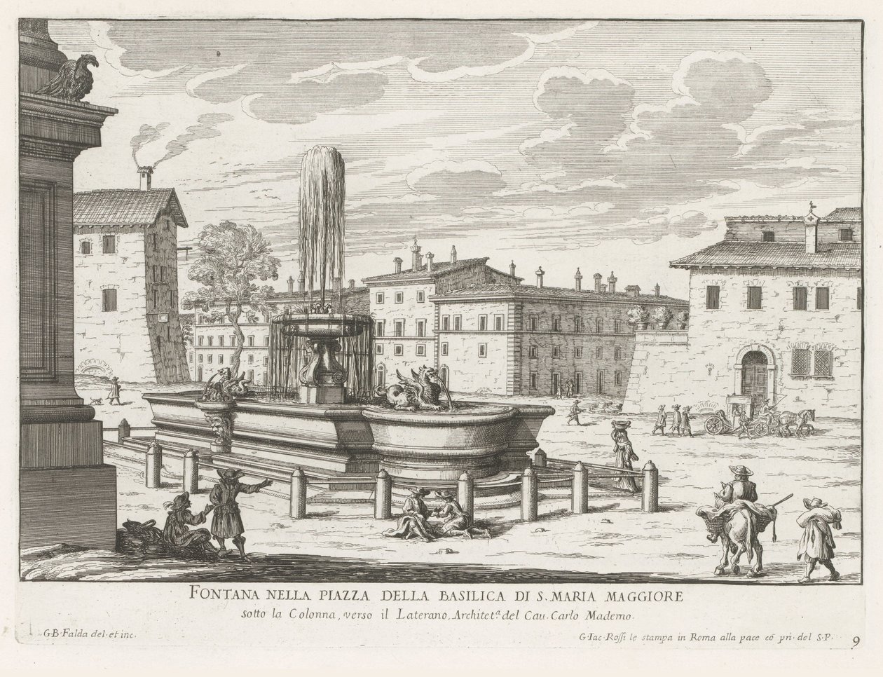 Fontein op Piazza di Santa Maria Maggiore te Roma Fonte na praça da Basílica de S. Maria Maggiore (título no objeto) Fontes de Roma (título da série) Fonteinen van Rome (título da série) de Giovanni Battista Falda