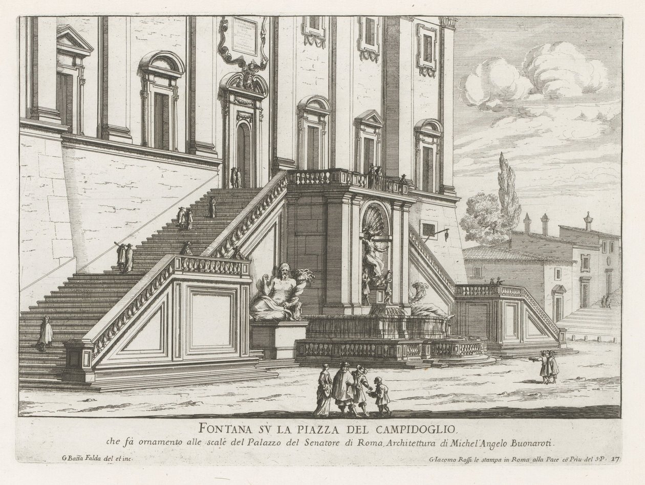 Fonte em frente ao Palazzo Senatorio no Capitólio em Roma Fontana su la Piazza del Campidoglio (título no objeto) Fontane di Roma (título da série) Fontes de Roma (título da série) de Giovanni Battista Falda
