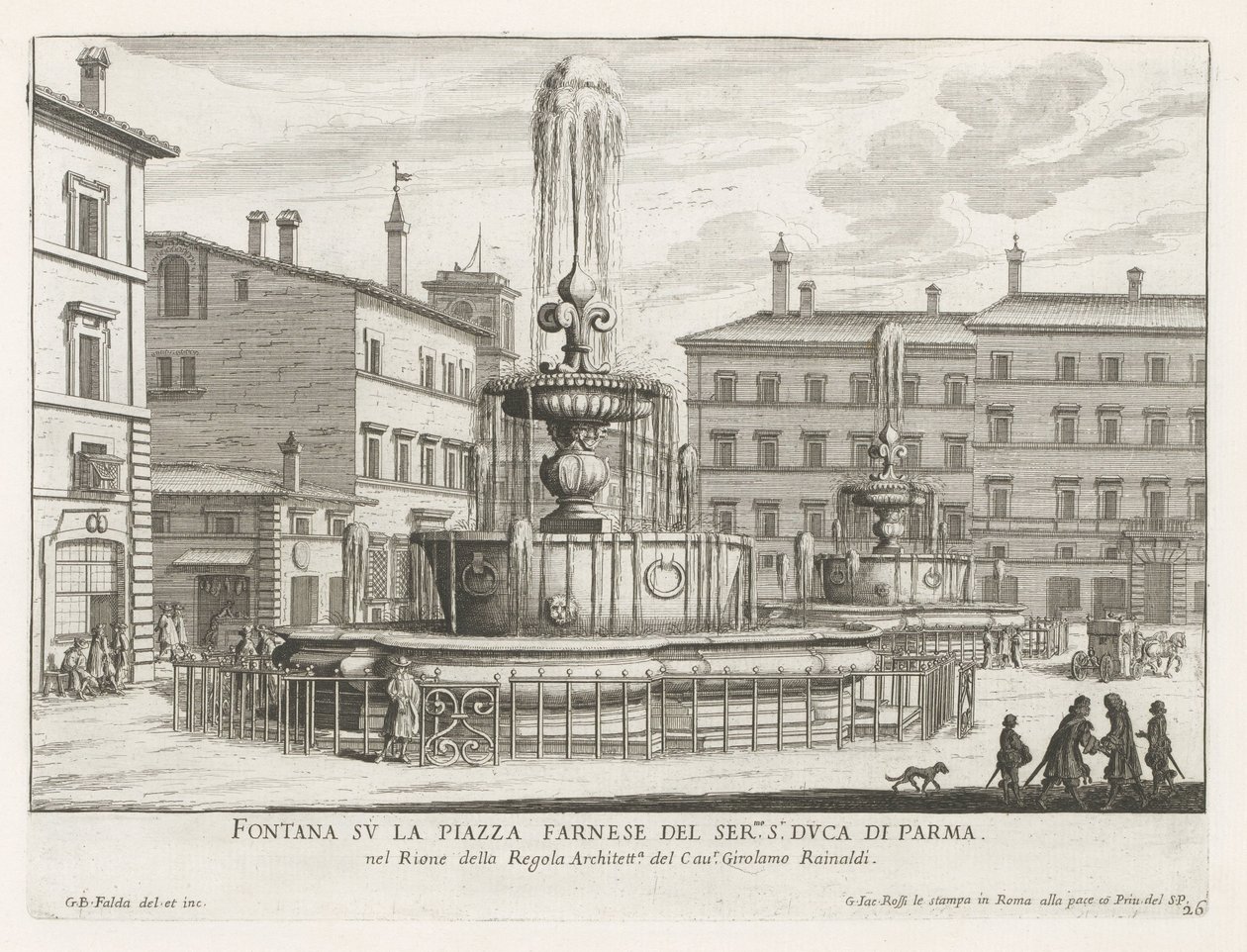Fonteinen na Piazza Farnese te Roma Fonte na Piazza Farnese do ser.mo s.r Duca di Parma (título no objeto) Fontes de Roma (título da série) Fonteinen van Rome (título da série) de Giovanni Battista Falda