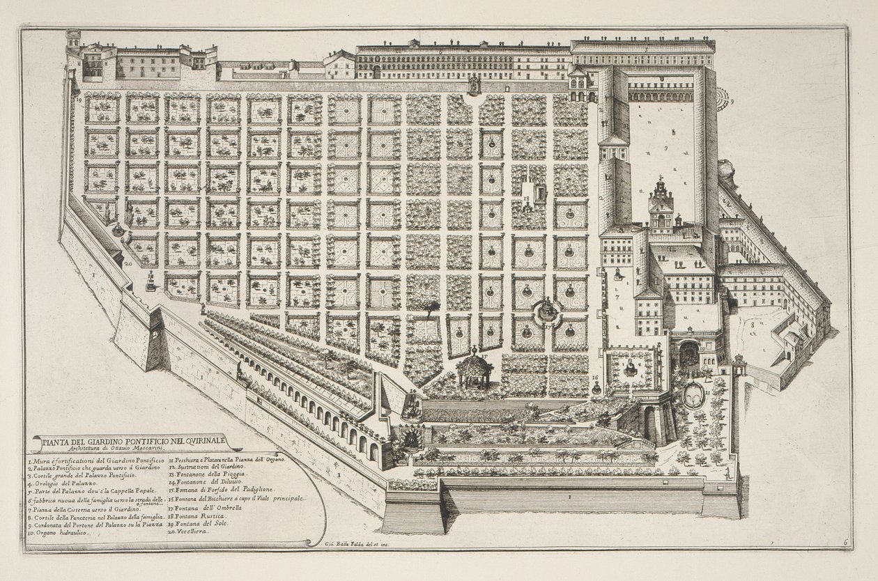 Jardim Papal e Palácio do Quirinale, do Novo Teatro dos Tecidos e Edifícios em Prospettiva di Roma Moderna, publicado c.1665-69 (ver também 172928) de Giovanni Battista Falda