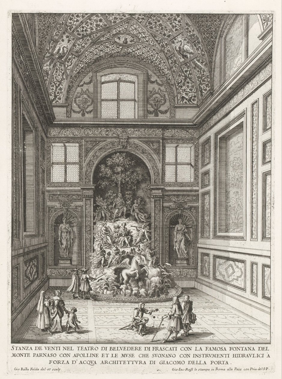 Stanza dei venti in de tuinen van de Villa Aldobrandini te Frascati
Stanza de venti nel Teatro di Belvedere di Frascati (...) (título sobre o objecto)
Fontes das vilas de Frascati (título da série)
Fonteinen van Frascati (título da série) de Giovanni Battista Falda