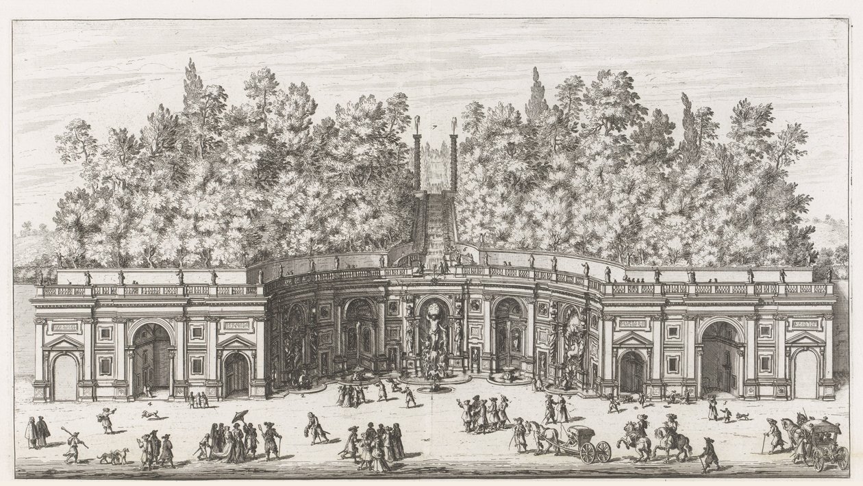 Teatro das Águas em de tuinen van de Villa Aldobrandini te Frascati Vista e elevação do grande teatro aquático da Villa Aldobrandina (...) (título no objeto) Fontes das vilas de Frascati (título da série) Fonteinen van Frascati (título da série) de Giovanni Battista Falda