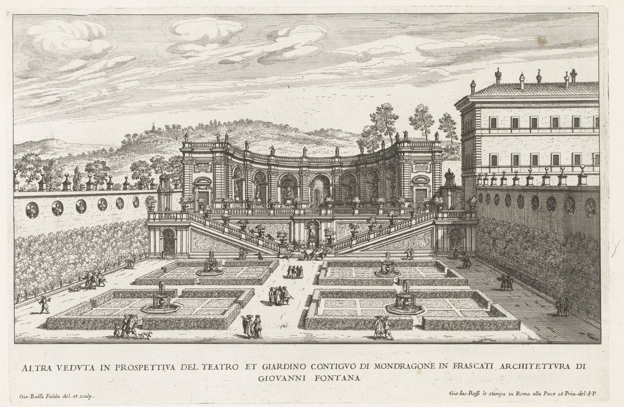 Tuinen van de Villa Mondragone te Frascati Outra perspectiva do teatro e jardim adjacente (...) (título no objeto) Fontes das vilas de Frascati (título da série) Fonteinen van Frascati (título da série) de Giovanni Battista Falda
