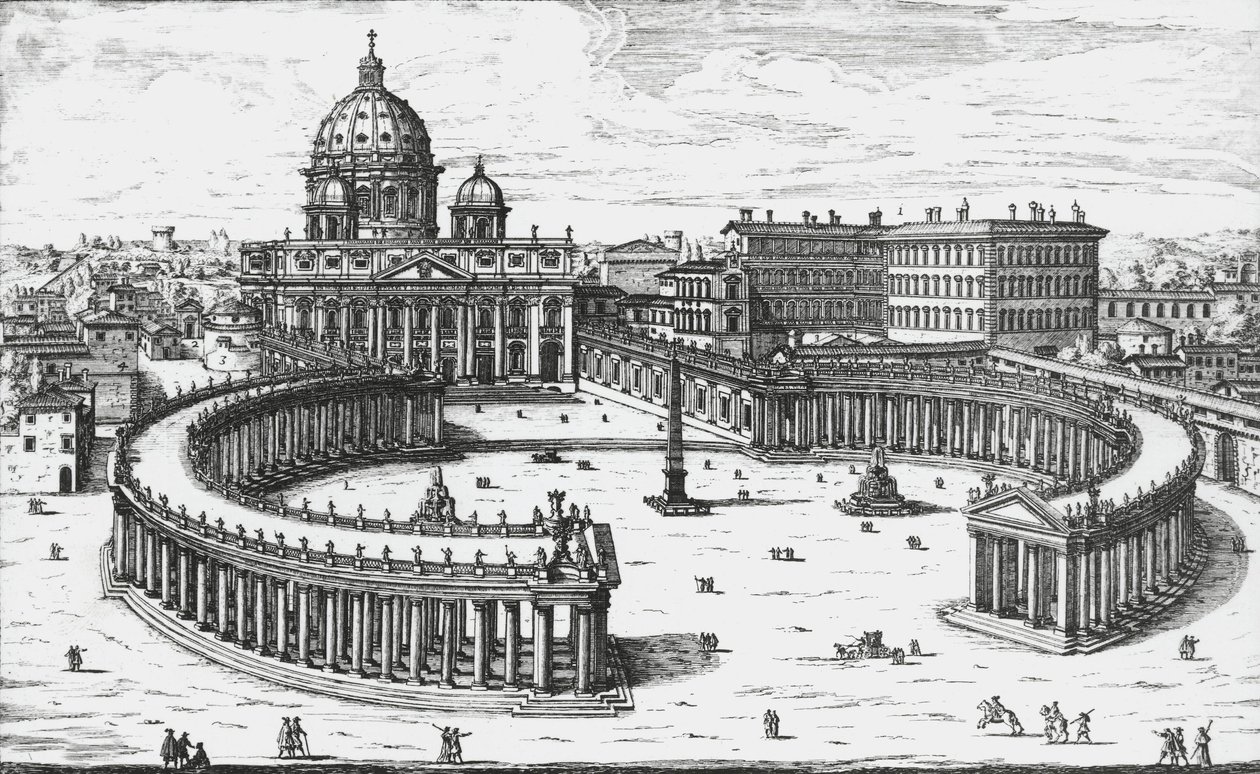 Cidade do Vaticano, Vista da Piazza San Pietro com a Basílica de São Pedro e os Palácios do Vaticano, gravada por Giovanni Battista Falda. 1665 de Giovanni Battista Falda
