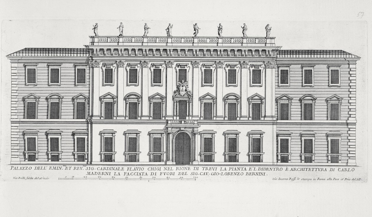 Vista da fachada do Palazzo Chigi, Roma, projetada por Matteo di Castello, Carlo Maderno (1556-1629) e Giovanni Bernini (1598-1680) de Giovanni Battista Falda