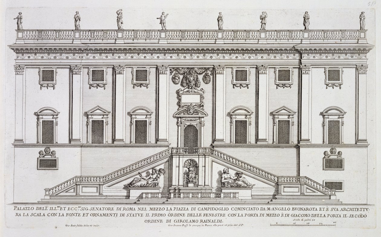 Vista da fachada do Palazzo Senatorio na Piazza del Campidoglio, Roma, iniciada por Michelangelo Buonarroti (1475-1564) e completada por Girolamo Rainaldi (1570-1655) de Giovanni Battista Falda