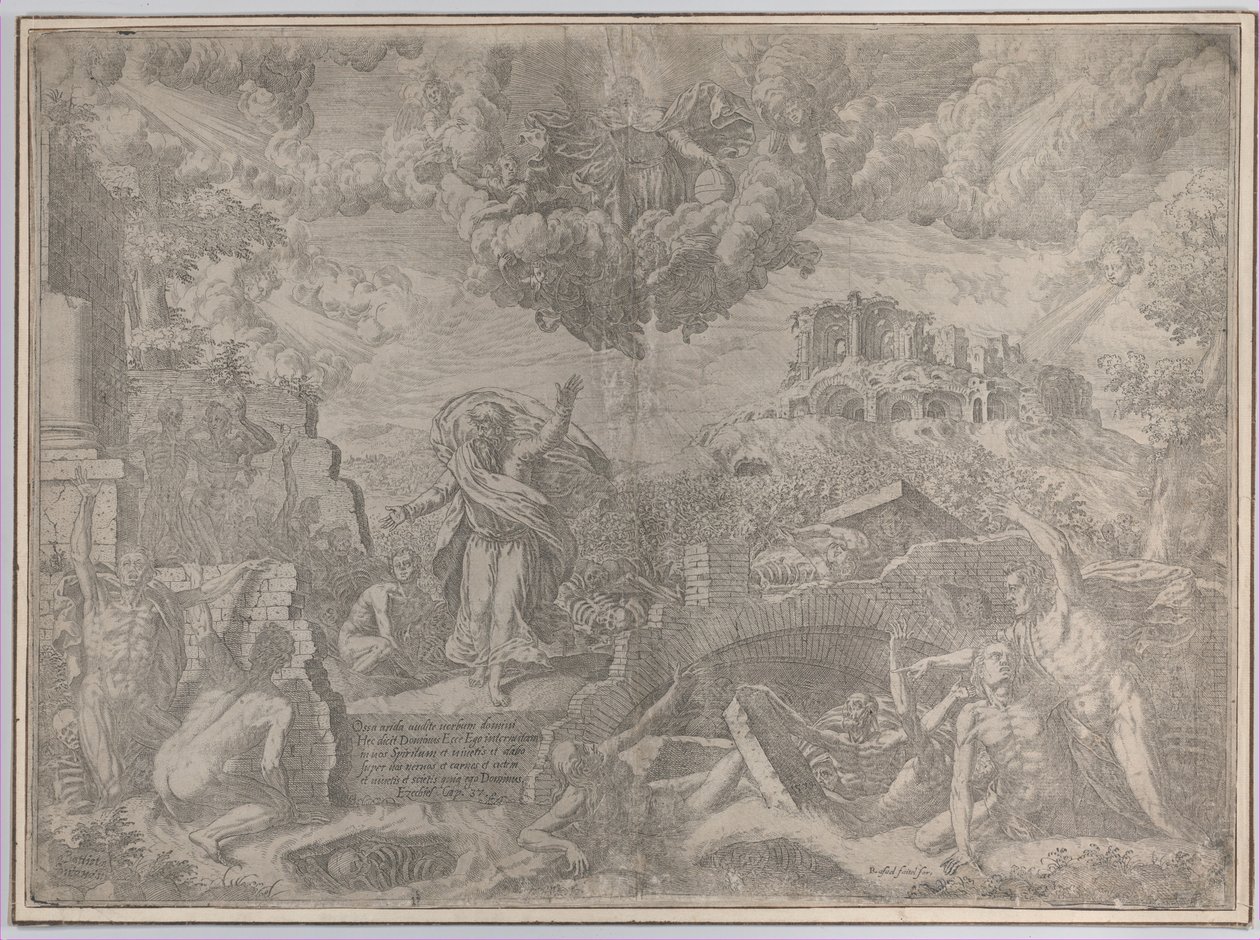 A visão de Ezequiel, com os mortos ressuscitando e se revestindo de sua carne, Deus Pai abo..., 1579. de Giovanni Battista Fontana