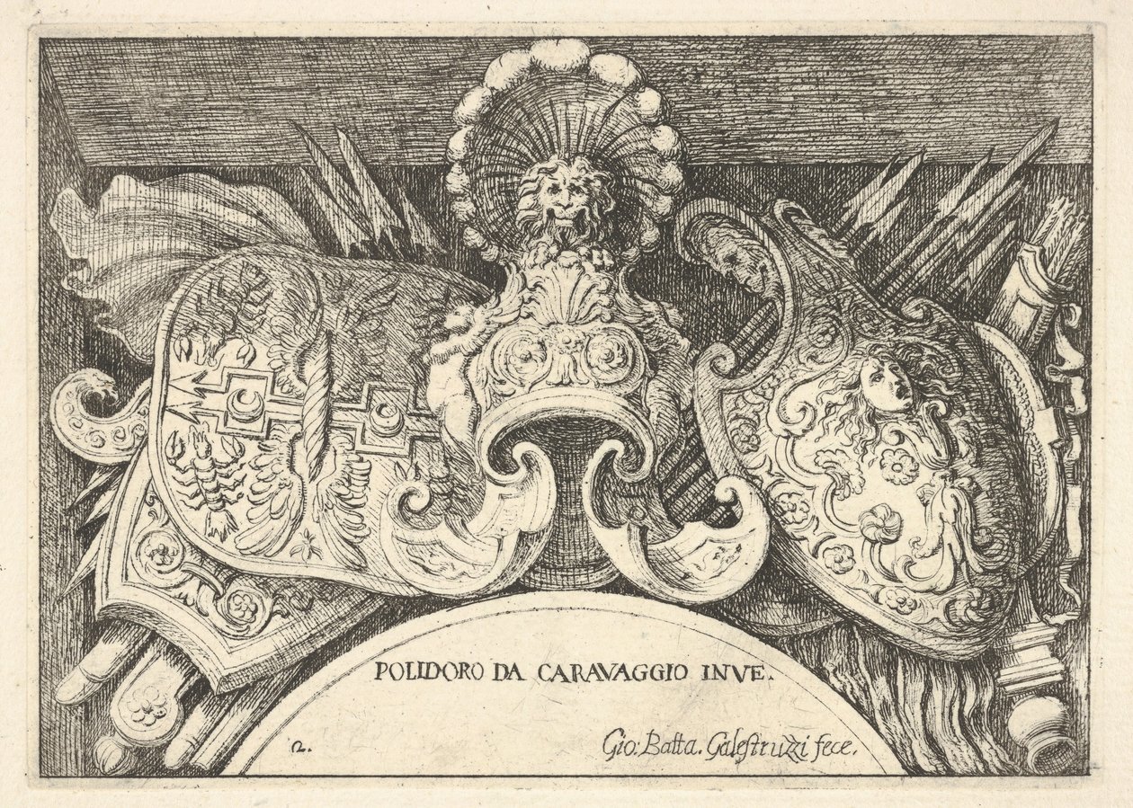 Placa 2: troféus de armas romanas das decorações acima das janelas do segundo andar ..., 1656-58. de Giovanni Battista Galestruzzi