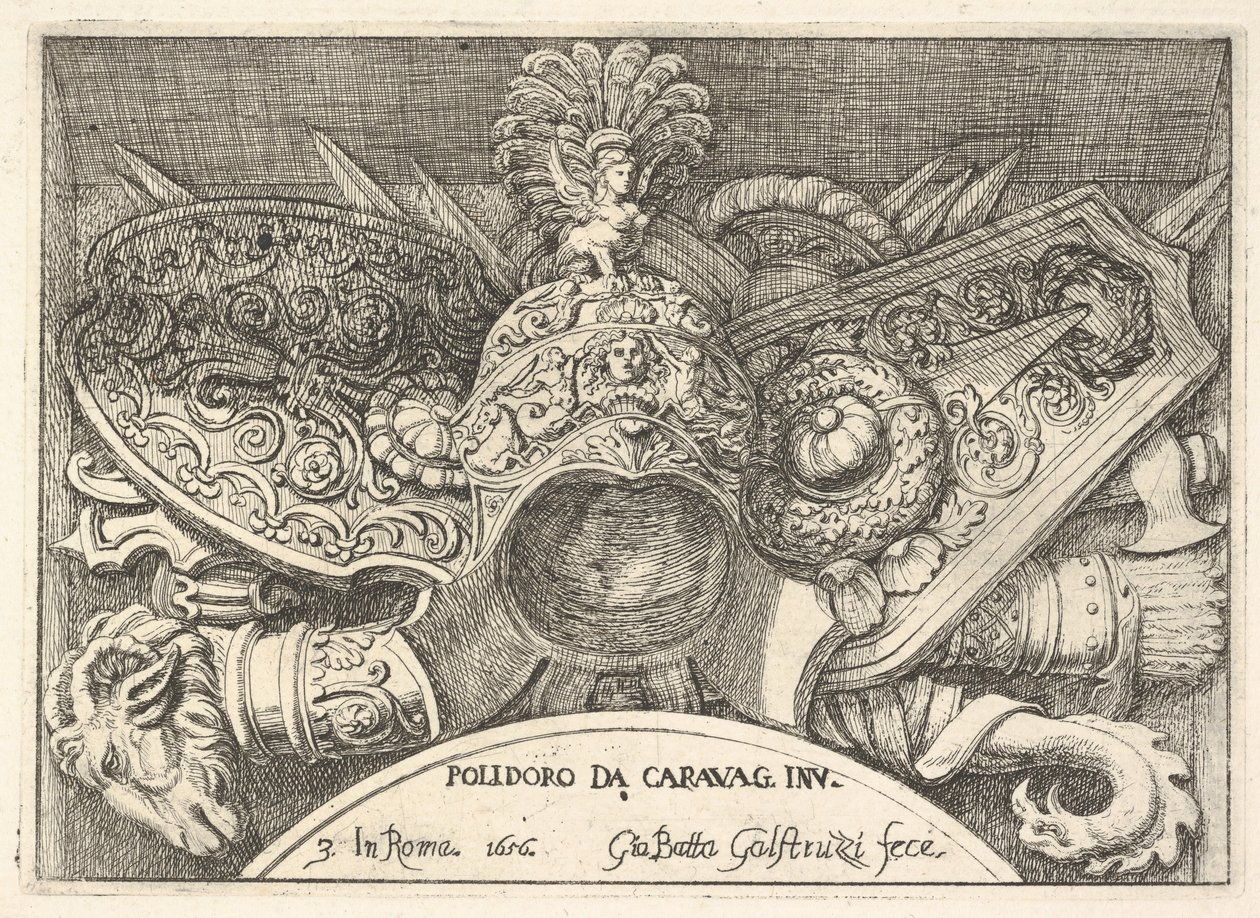 Placa 3: troféus de armas romanas das decorações acima das janelas do segundo andar de ..., 1656. de Giovanni Battista Galestruzzi