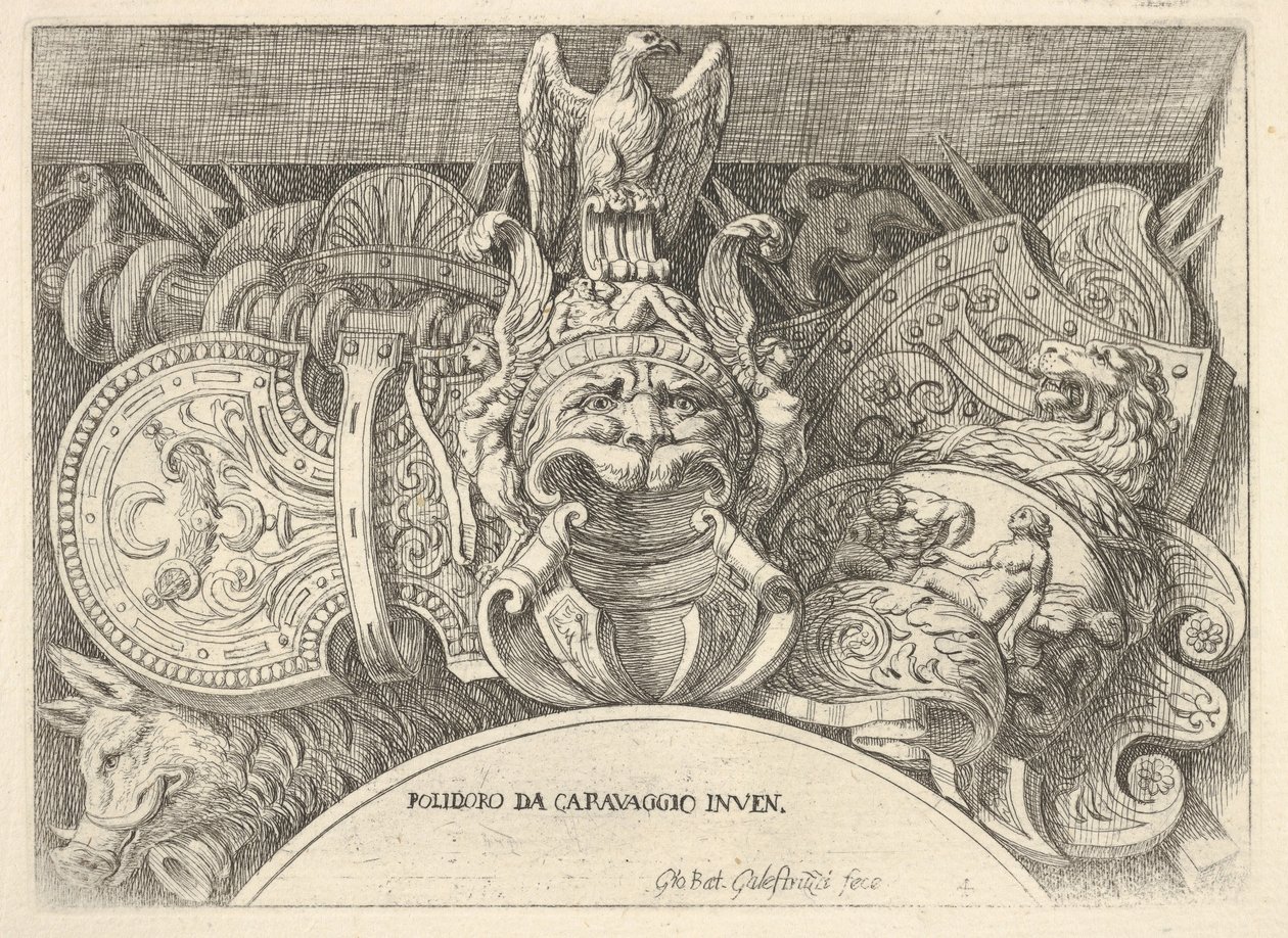 Placa 4: troféus de armas romanas das decorações acima das janelas do segundo andar ..., 1656-58. de Giovanni Battista Galestruzzi