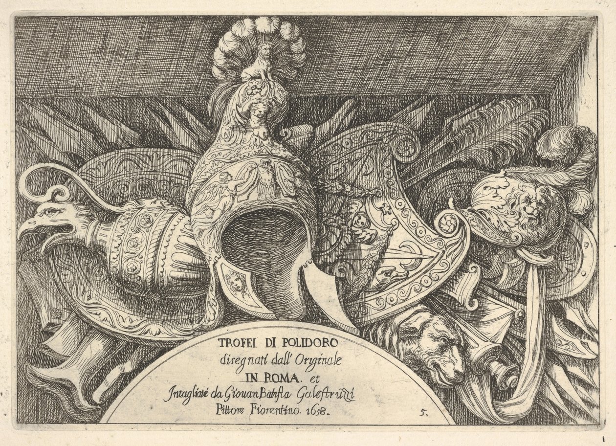 Placa 5: troféus de armas romanas de decorações acima das janelas do segundo andar de ..., 1658. de Giovanni Battista Galestruzzi