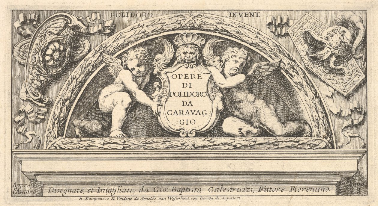 Placa de título para série de gravuras após Poloidoro, título em escudo apoiado por dois putti, 1658. de Giovanni Battista Galestruzzi