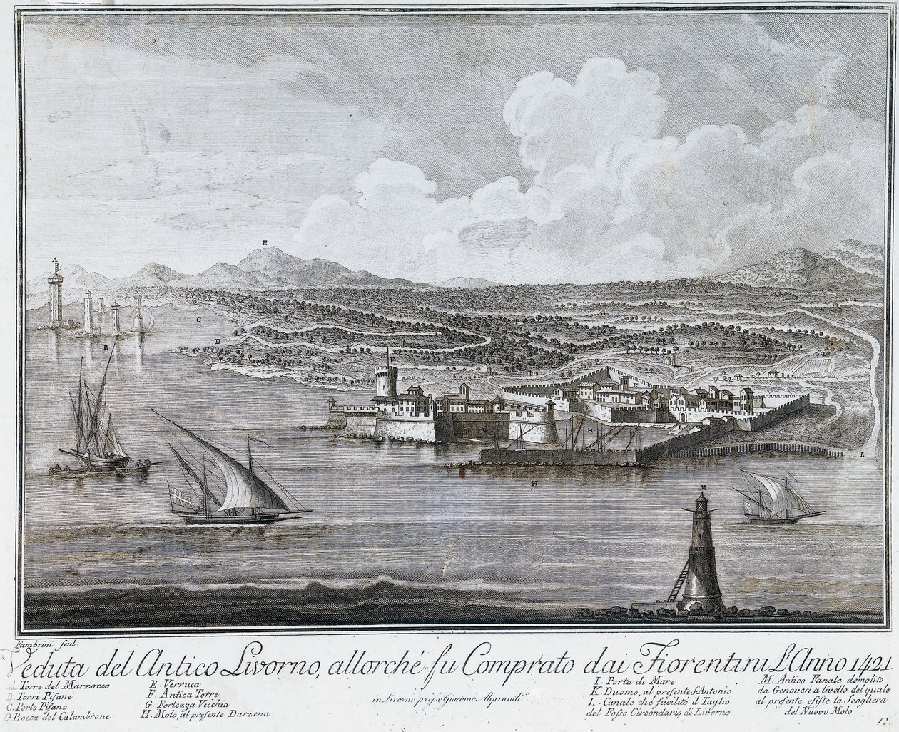 Vista do porto de Livorno quando foi comprado por Florentines em 1421, gravura da Coleção de melhores vistas da Cidade e do Porto de Livorno de Giovanni Battista Guerazzi