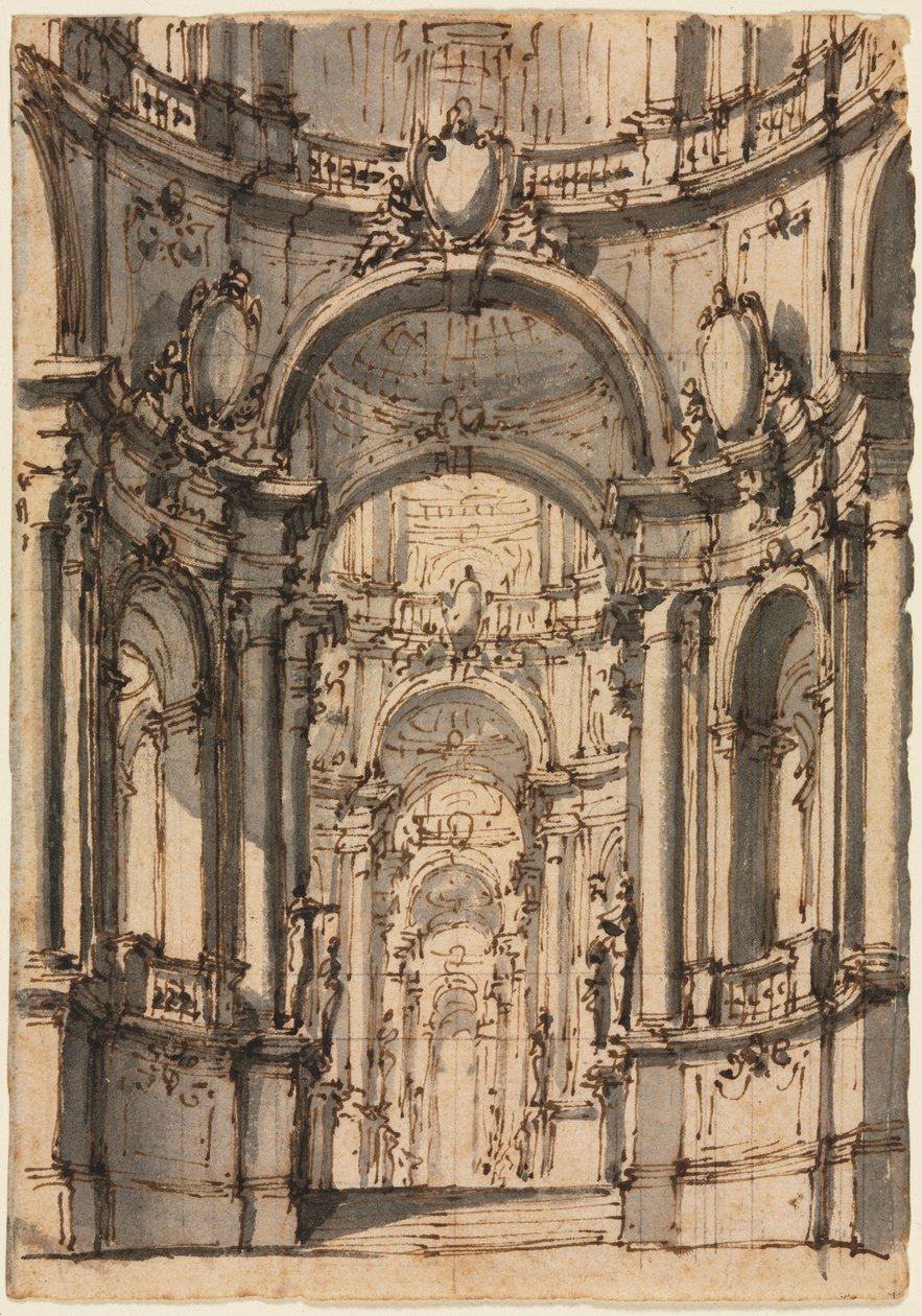 Design para um cenário: interior de um palácio com arcadas, meados da década de 1700. de Giovanni Battista III Natali