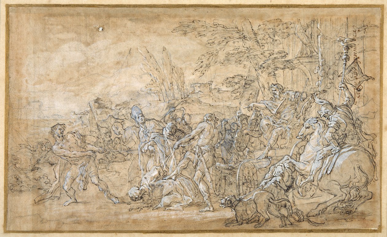 Cativos, incluindo um bispo, arrastados e encadernados antes do carro triunfal de um general romano (caneta e tinta castanha, caneta com a cor do corpo branca, sobre preliminares em giz preto sobre papel creme) de Giovanni Battista Lenardi