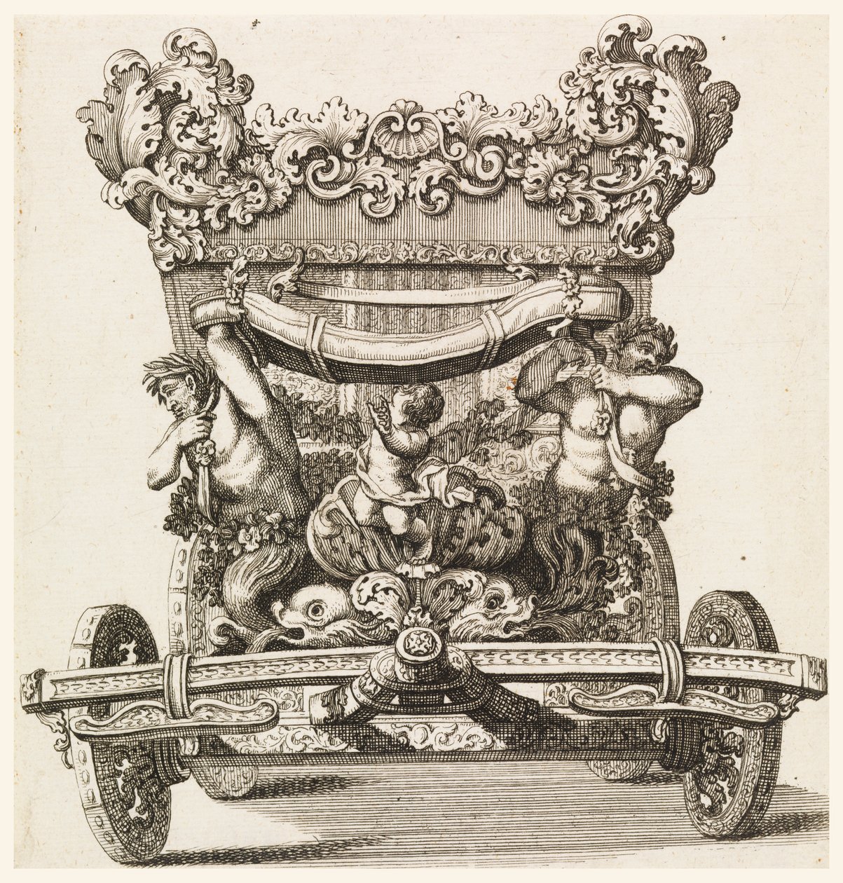 Vista frontal da primeira carruagem (1686 de Lord Castlemaine por Andrea Cornelly depois de Ciro Ferri, 1687-1700 de Giovanni Battista Lenardi