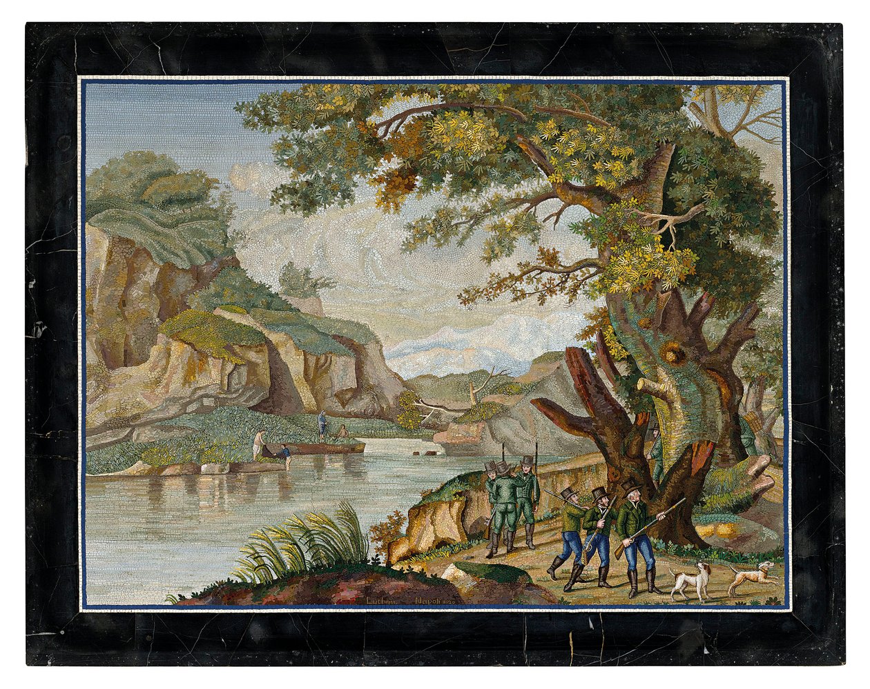 Uma imagem micromosaica italiana de uma festa de filmagem numa paisagem fluvial de Giovanni Battista Luchini