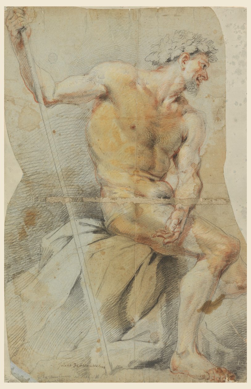 Desenho, Estudo de um homem idoso nu, Baco ou um dos seus companheiros, 1660-70 de Giovanni Battista Merano