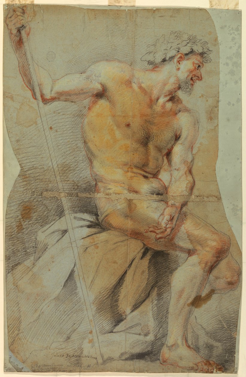 Desenho, Estudo de um homem idoso nu, Baco ou um dos seus companheiros, 1660-70 de Giovanni Battista Merano