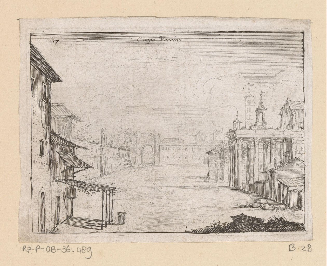 Vista do Fórum Romano em Roma Campo Vaccino (título no objeto) Vistas de Roma (título da série) Alcune vedute et prospettive di luoghi dishabitati di Roma (título da série) de Giovanni Battista Mercati