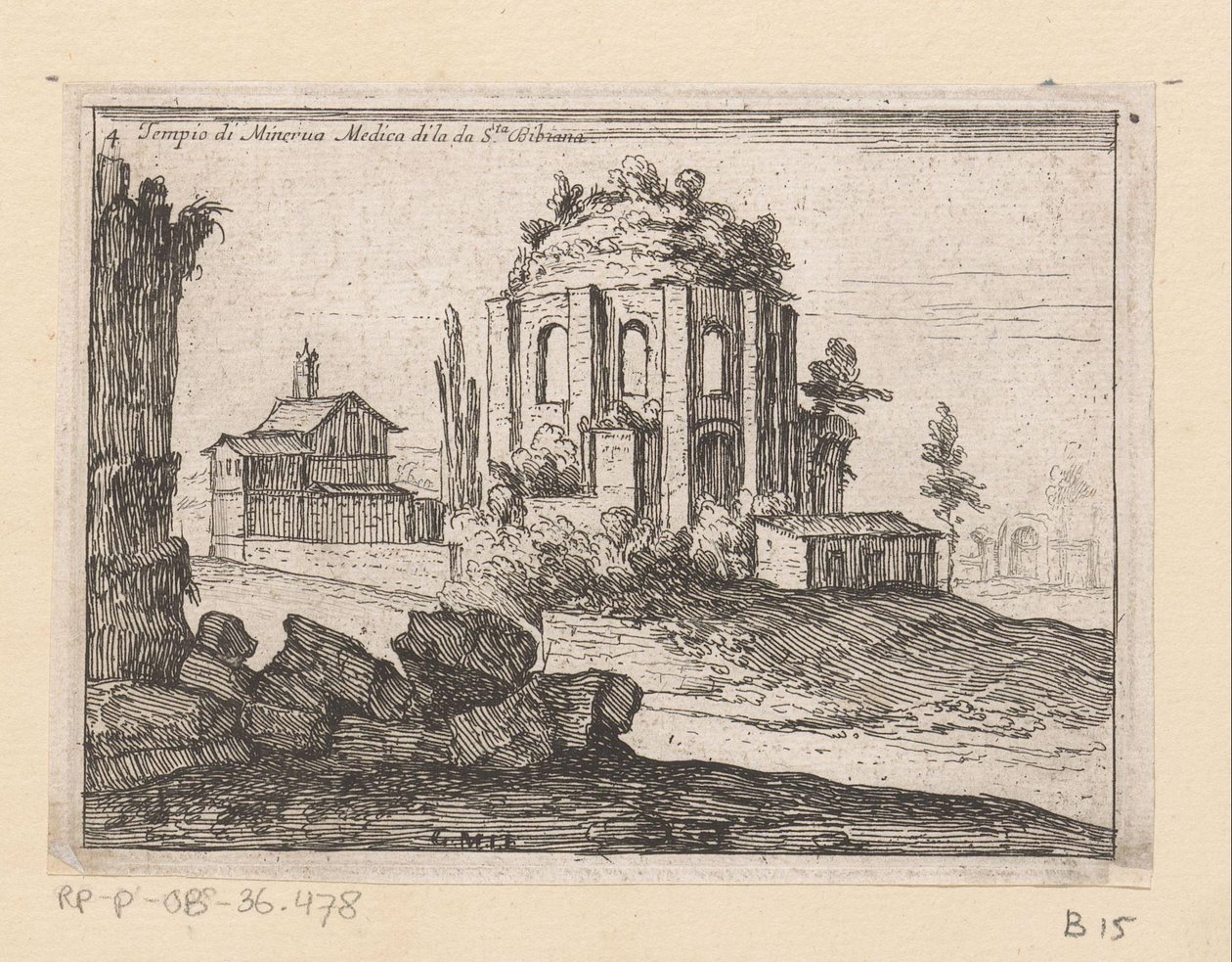 Resten van de Tempel van Minerva Medica in een landschap
Templo da Minerva Medica di la da S.ta Bibiana (título sobre o objecto)
Gezichten op Rome (título da série)
Alcune vedute et prospettive di luoghi dishabitati di Roma (título da série) de Giovanni Battista Mercati
