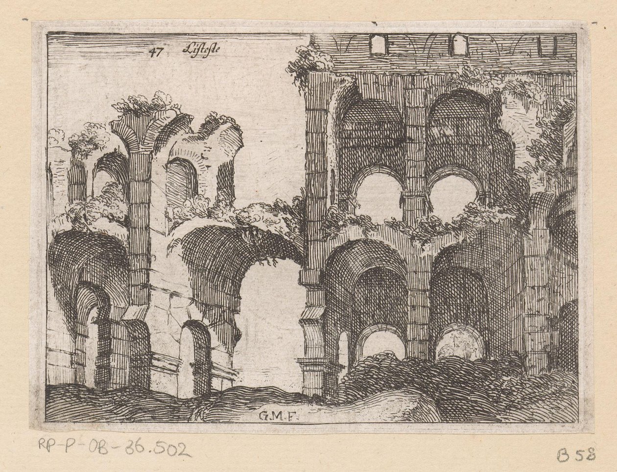 Restos do Coliseu em Roma Listesso (título no objeto) Vistas de Roma (título da série) Alcune vedute et prospettive di luoghi dishabitati di Roma (título da série) de Giovanni Battista Mercati