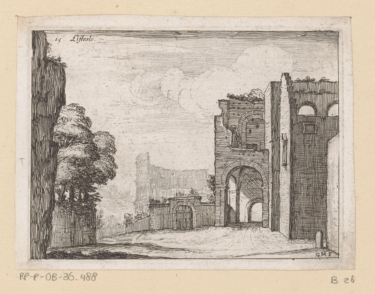 Ruïnes bij het Colosseum te Rome
Listesso (título sobre o objecto)
Gezichten op Rome (título da série)
Alcune vedute et prospettive di luoghi dishabitati di Roma (título da série) de Giovanni Battista Mercati