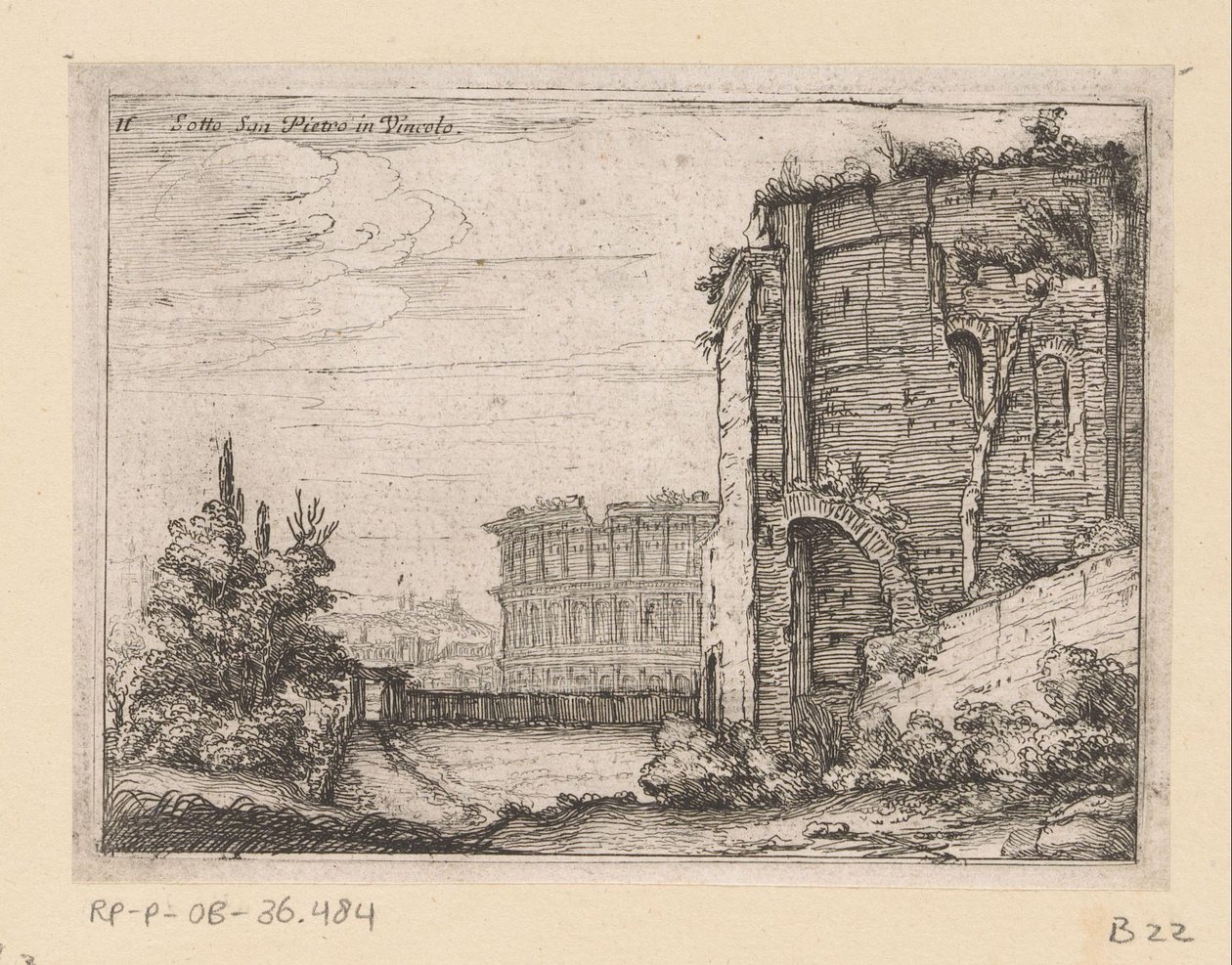 Ruínas do edifício antigo e do Coliseu em Roma Sotto San Pietro in Vincolo (título no objeto) Vistas de Roma (título da série) Alcune vedute et prospettive di luoghi dishabitati di Roma (título da série) de Giovanni Battista Mercati