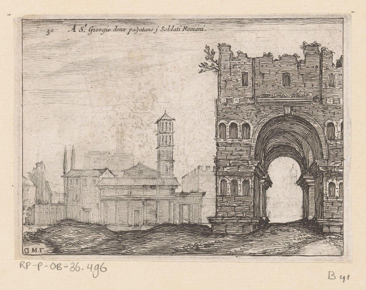 San Giorgio em Velabro en de Boog van Janus te Rome
A S.t Giorgio doux paganano j Soldati Romani (título sobre o objecto)
Gezichten op Rome (título da série)
Alcune vedute et prospettive di luoghi dishabitati di Roma (título da série) de Giovanni Battista Mercati