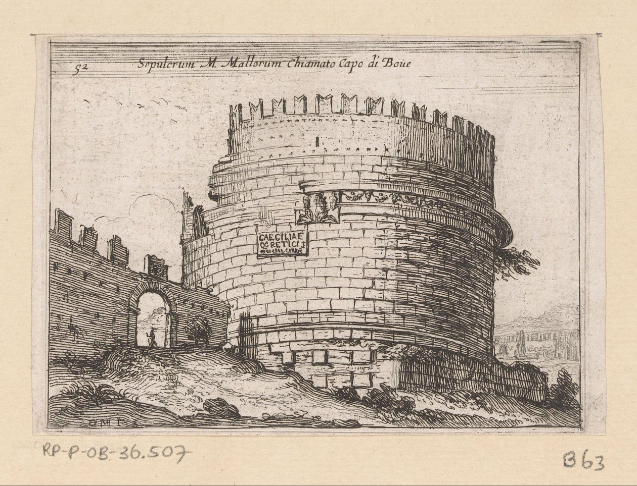 Tombe van Caecilia Metella em Roma Sepulcrum M. Mallorum chamado Cabo de Boue (título no objeto) Gezichten op Rome (título da série) Algumas vistas e perspectivas de lugares desabitados em Roma (título da série) de Giovanni Battista Mercati