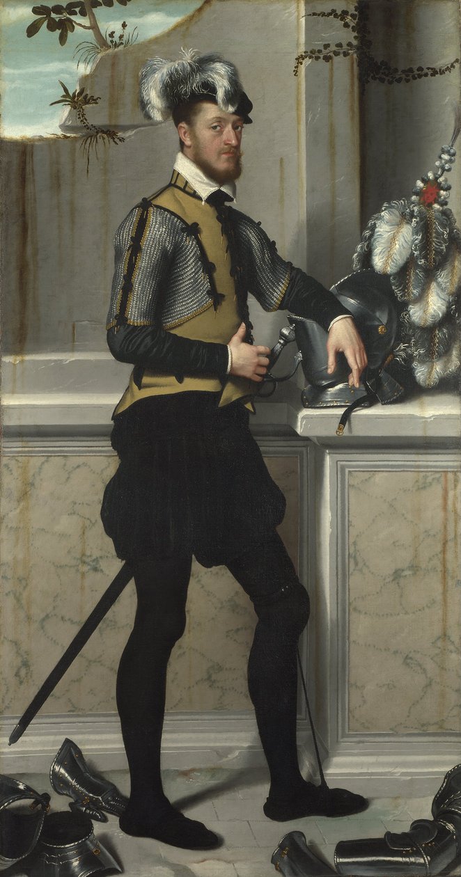 Um cavaleiro com o seu capacete de justa de Giovanni Battista Moroni
