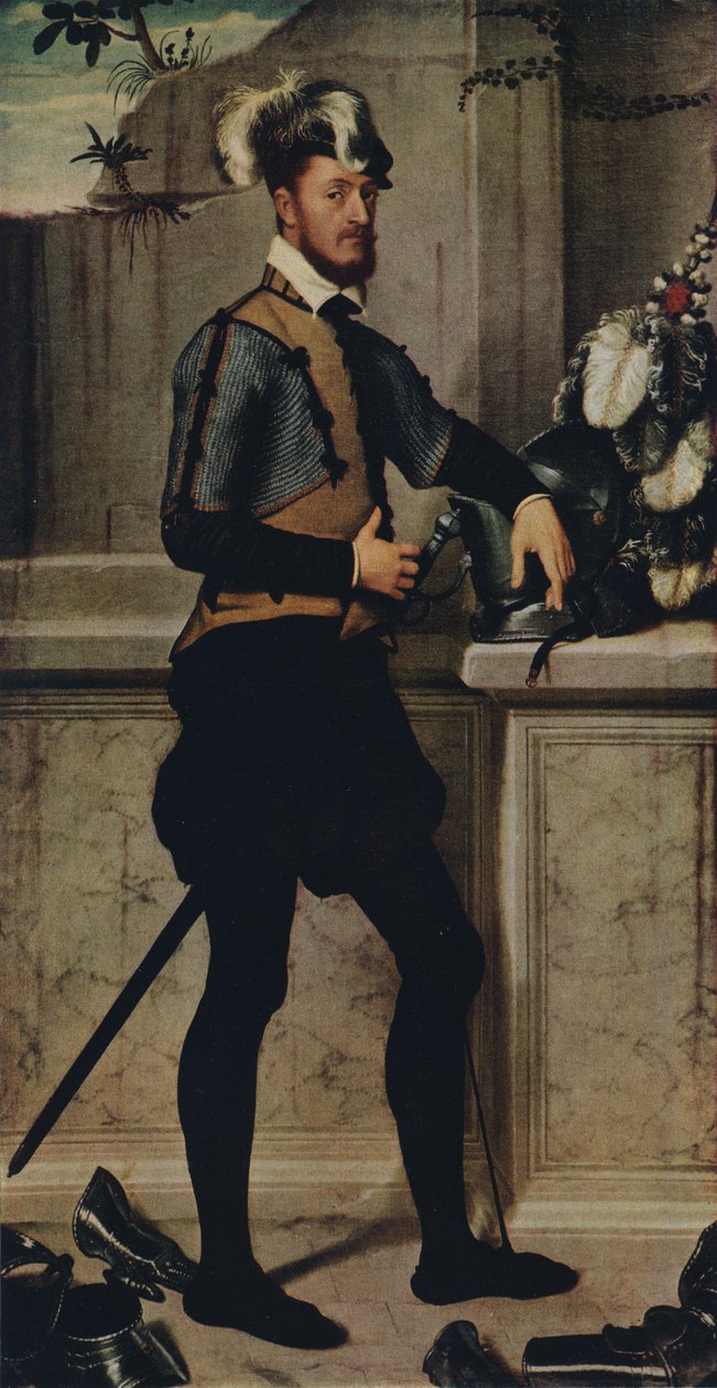 Um cavaleiro com seu capacete de justa, 1554-1558, 1936 de Giovanni Battista Moroni