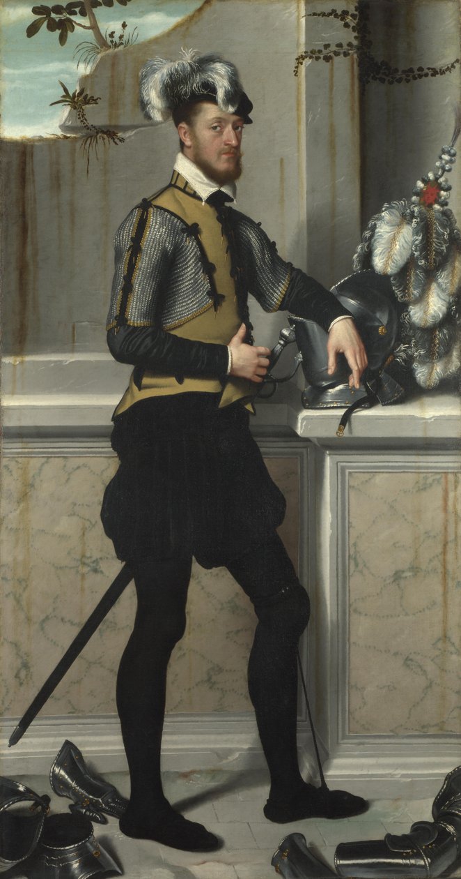 Um cavaleiro com seu capacete Jousting O cavaleiro com o pé ferido, conde Faustino Avogadro, ca 1554 de Giovanni Battista Moroni