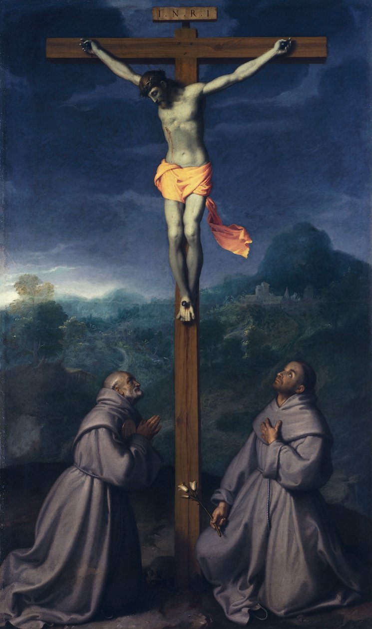 Crucificação com Santos Bernardino e Antônio de Pádua, de Giovanni Battista Moroni (1525 ca- 1578), óleo sobre tela, 226x133 cm, Igreja de San Giuliano, Albino de Giovanni Battista Moroni