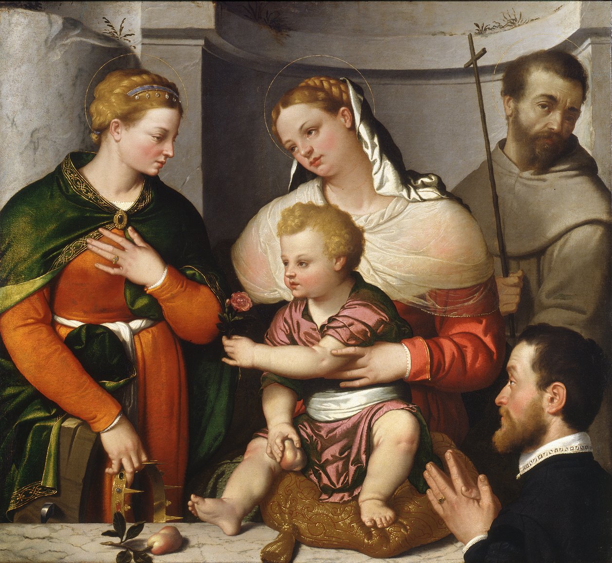 Madonna e Criança com Santa Catarina, São Francisco e o Doador, c.1550 (óleo sobre tela) de Giovanni Battista Moroni