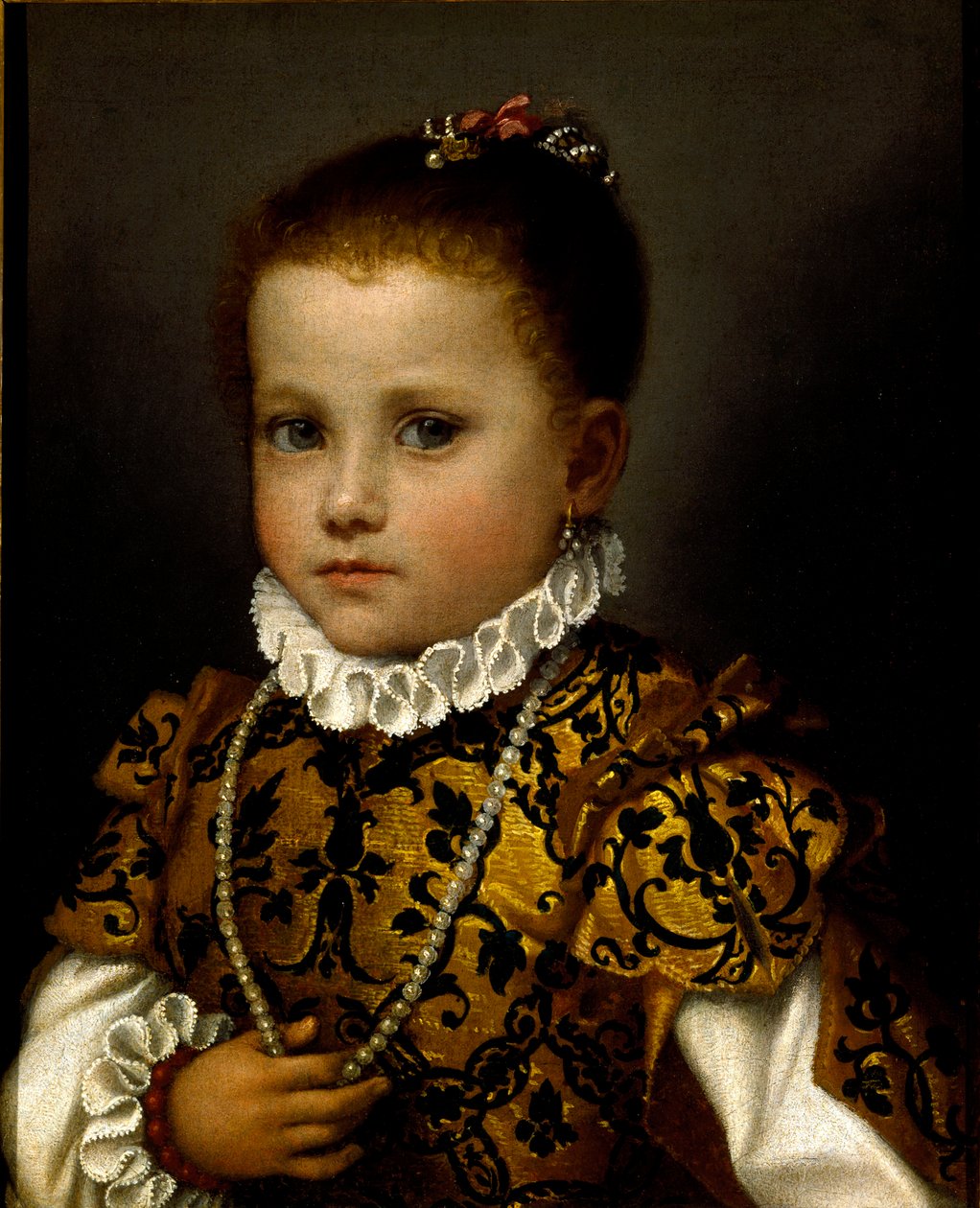 Retrato de uma menina pequena Uma menina ricamente vestida com um vestido de brocado, ela usa um colar de pérolas e uma gola de morango. Pintura de Giovan Battista Moroni (cerca de 1529-1578) de Giovanni Battista Moroni
