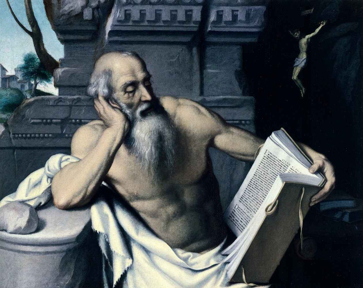 São Jerónimo meditando ou lendo, por Giovanni Battista Moroni (ca. 1525-1578), óleo sobre tela de Giovanni Battista Moroni