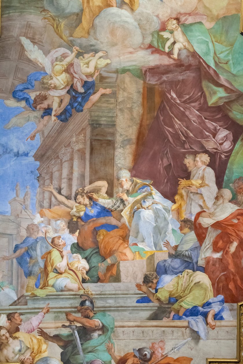 O milagre das correntes no centro do caixão, detalhe de Giovanni Battista Parodi