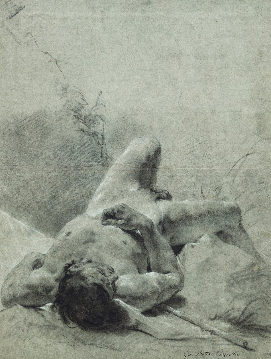 Um jovem nu esparramado de costas, sobre um banco, deitado sobre um estandarte, de Giovanni Battista Piazzetta