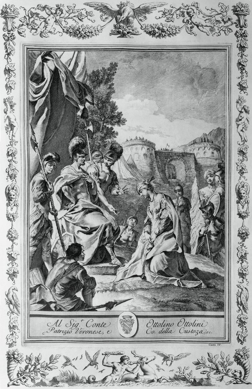 Armida em frente a Goffredo, gravura, de Giovanni Battista Piazzetta (1683-1754) para Canto III de Jerusalém Entregue, de Torquato Tasso (1544-1595), publicado por Giovanni Battista Albrizzi, Veneza, Itália de Giovanni Battista Piazzetta
