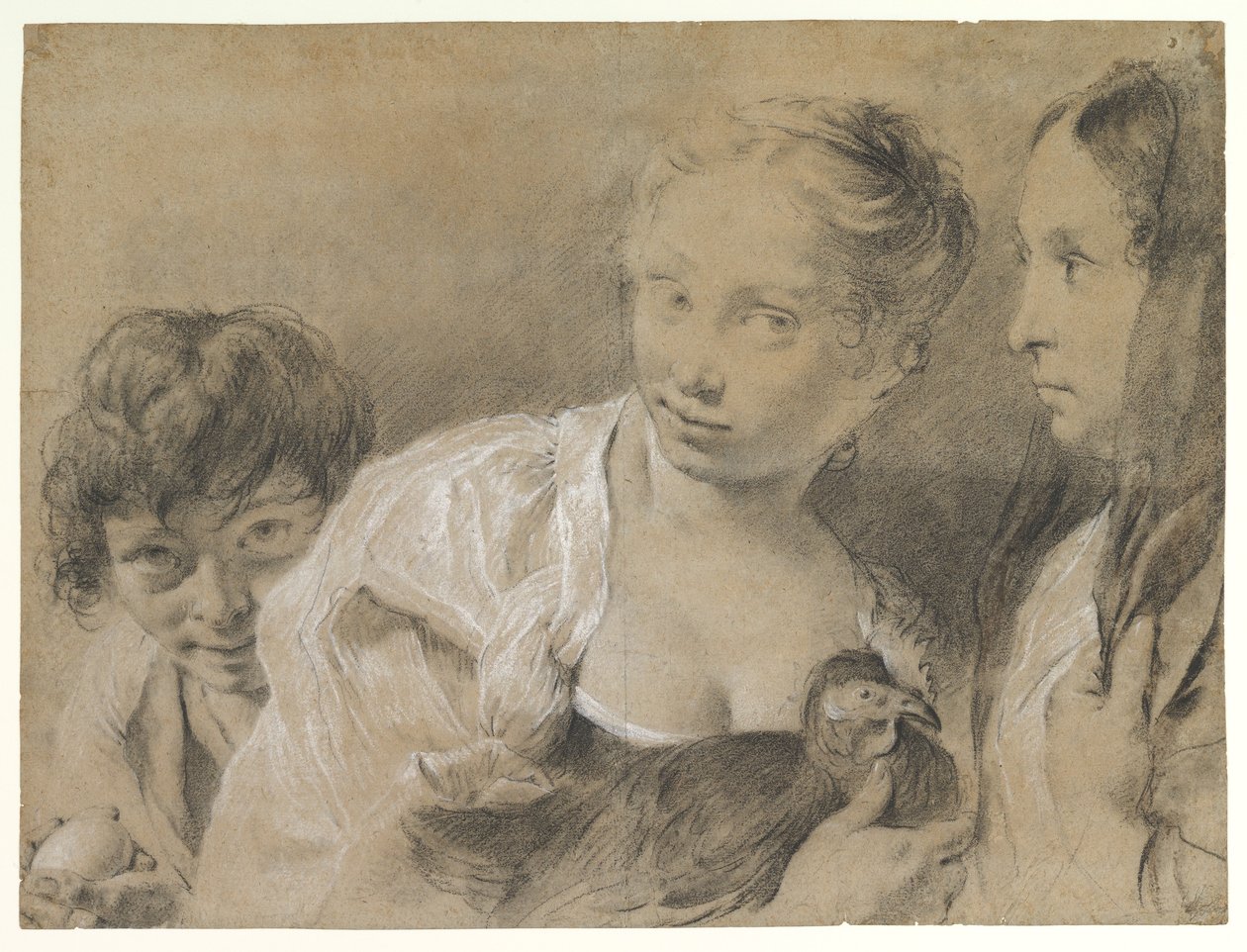Rapaz com um ovo, rapariga com uma galinha e uma mulher a observar de Giovanni Battista Piazzetta