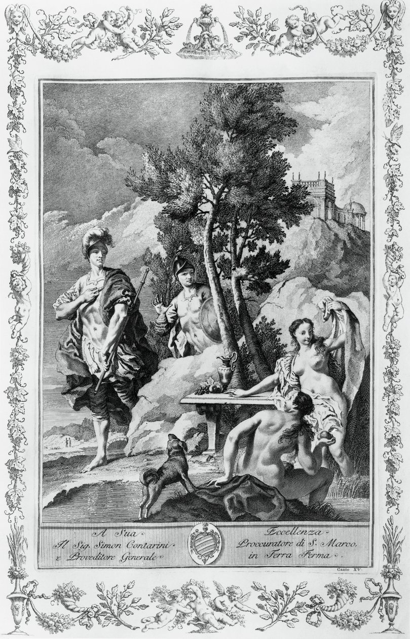 Carlo e Ubaldo nas Ilhas Feliz, gravura, de Giovanni Battista Piazzetta (1683-1754) para Canto XV de Jerusalém Entregue, de Torquato Tasso (1544-1595), Giovanni Battista Albrizzi edição, Veneza, Itália de Giovanni Battista Piazzetta