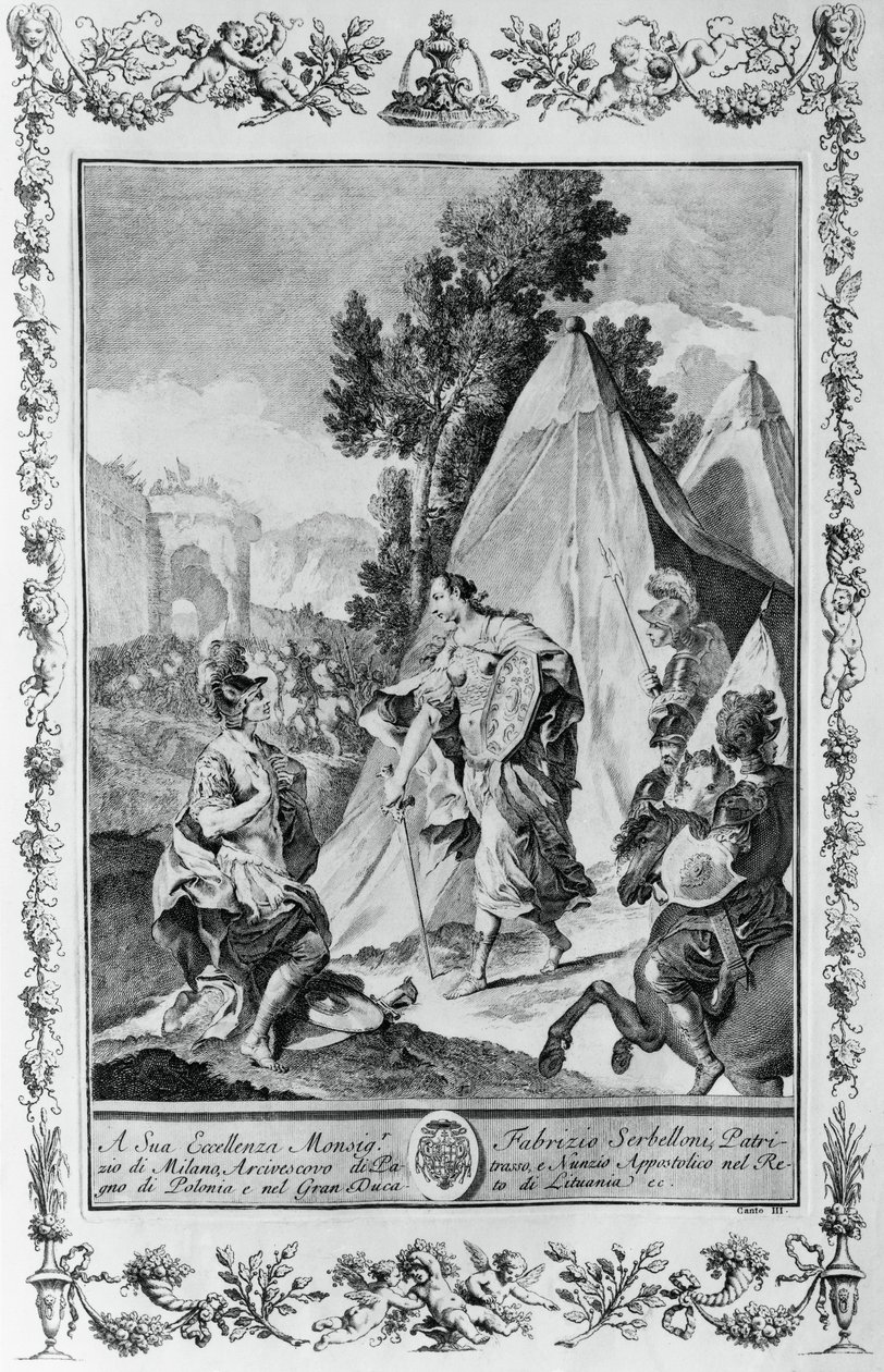 Cruzados no Cerco de Jerusalém, gravura, de Giovanni Battista Piazzetta (1683-1754) para Canto III de Jerusalém Entregue, de Torquato Tasso (1544-1595), publicado por Giovanni Battista Albrizzi, Veneza, Itália de Giovanni Battista Piazzetta