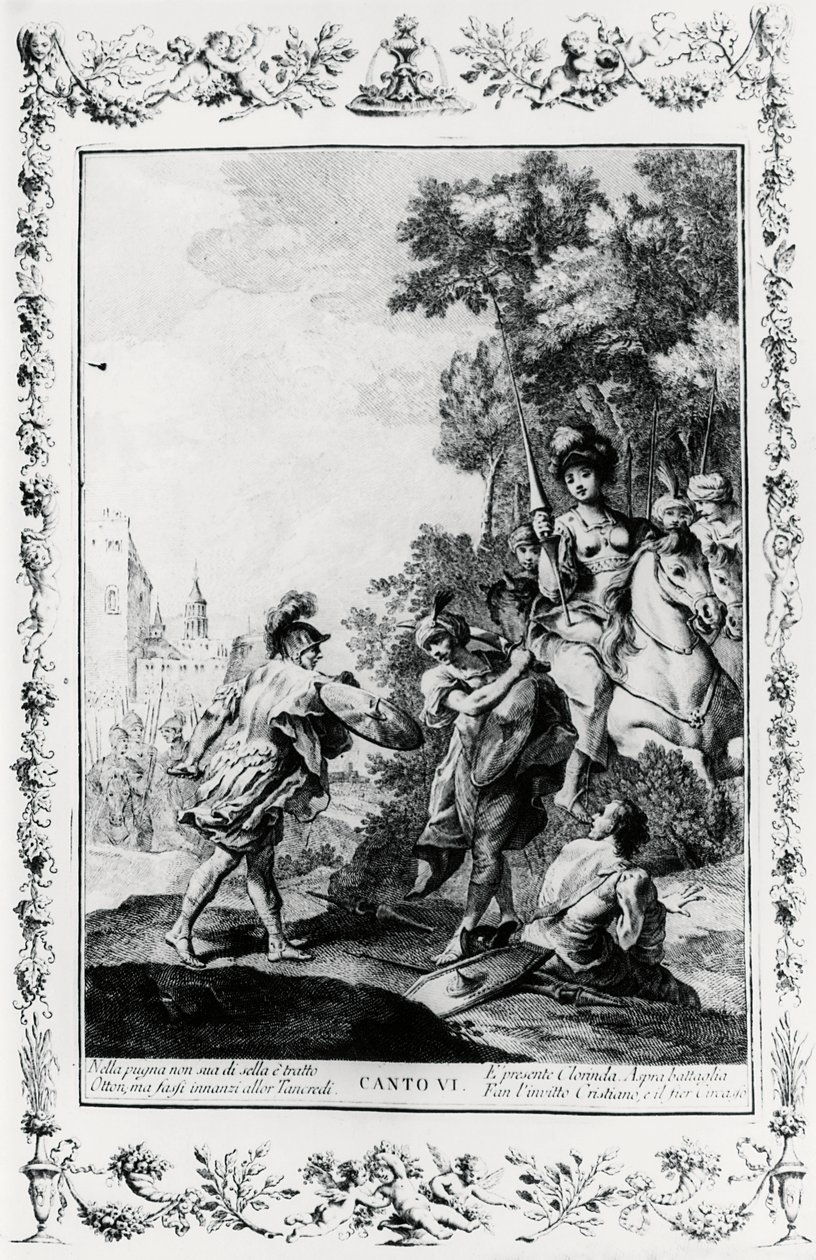 Duelo entre Ottone e Tancredi na presença de Clorinda, canto VI, Jerusalém entregue de Giovanni Battista Piazzetta