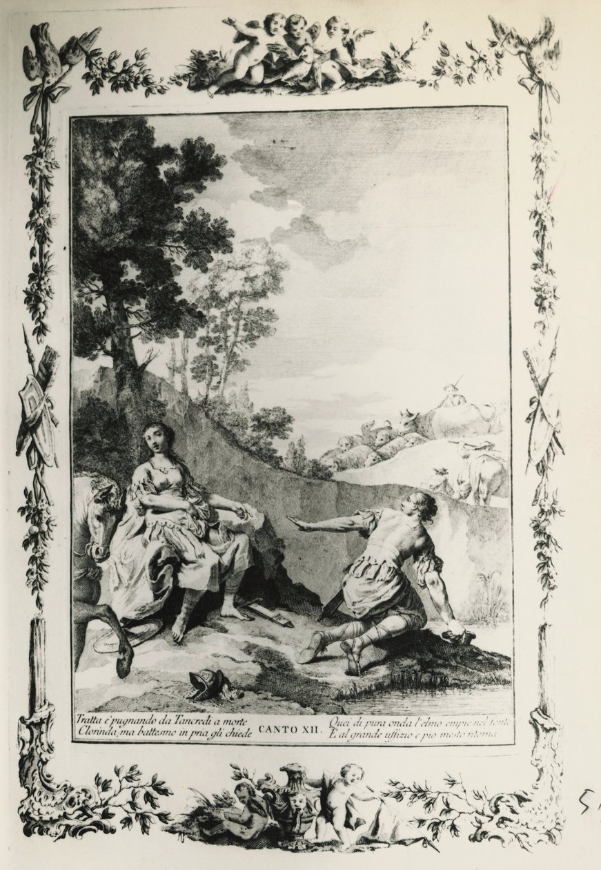 Jerusalém Entregue, canto XII, ilustração de Giovanni Battista Piazzetta (1683-1754) para poema de Torquato Tasso (1544-1595), edição publicada em Veneza em 1745, Itália de Giovanni Battista Piazzetta
