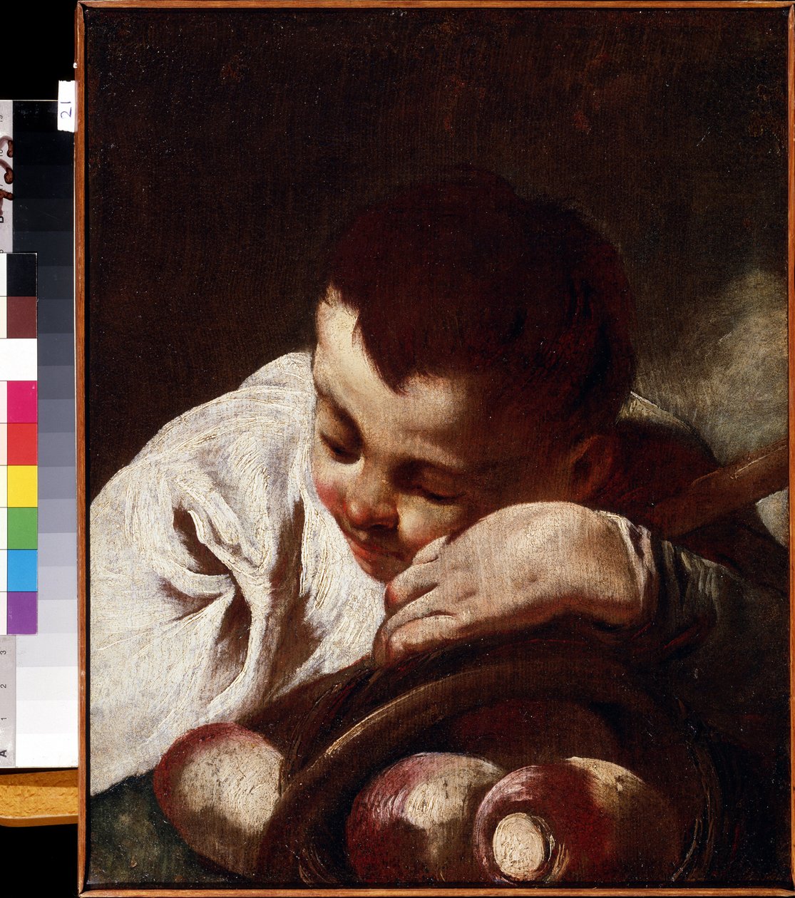"Portrait de petit garcon" Enfant endormi sur des navets. Peinture de Giovan Battista (Giambattista) Piazzetta (1683-1754) 18eme siecle Mikhail Kroshitsky Art Museum, Sevastopol (Sebastopol) Ucrânia de Giovanni Battista Piazzetta