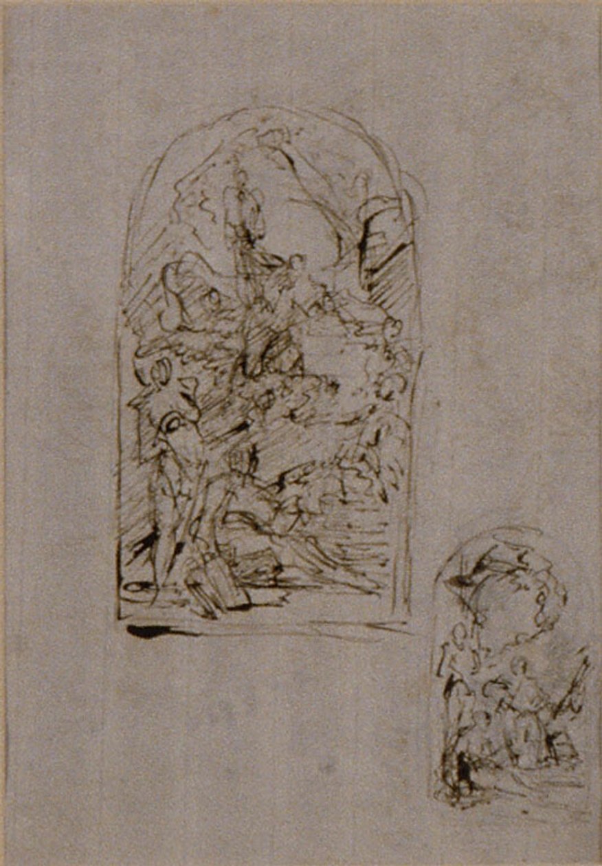 Esboços para um altar com Santa Margarida de Cortona, São Sebastião e São Roque (anverso); Dois esboços para um altar (verso) de Giovanni Battista Piazzetta