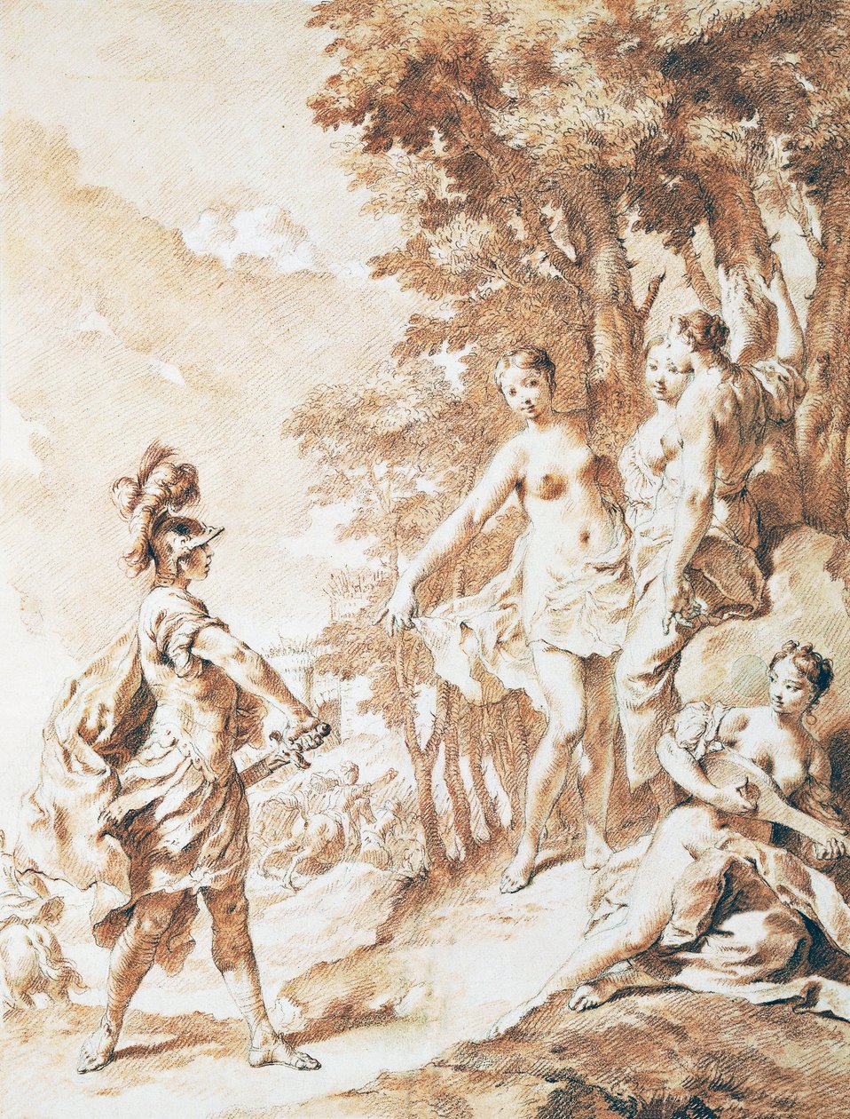 Tancredi no limiar da floresta encantada, cena de A Jerusalém Entregue por Torquato Tasso, de Giovanni Battista Piazzetta (1682-1754), sangüíneo de Giovanni Battista Piazzetta
