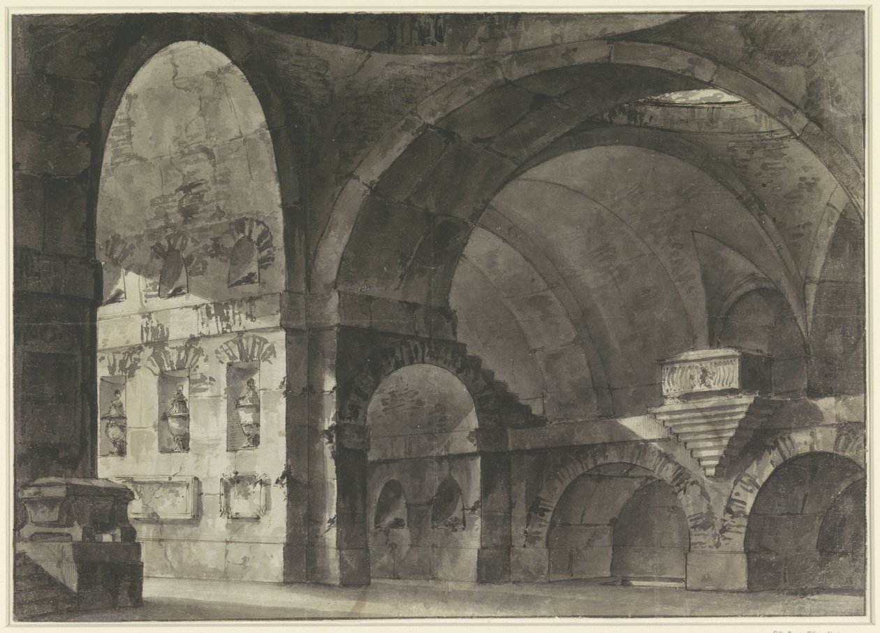 Interior de um grande edifício antigo com abóbadas de barril e uma estrutura em cúpula de Giovanni Battista Piranesi (attributed to)