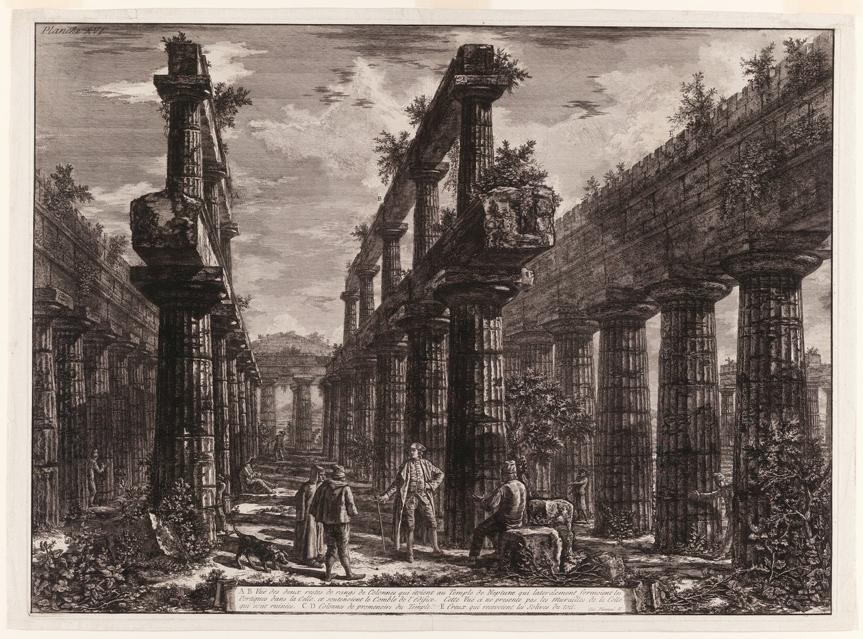 A., B. Vista dos restos das duas fileiras de colunas do Templo de Netuno que originalmente formavam as colunatas ao longo dos lados da cela e sustentavam a parte superior do telhado, de diferentes vistas de Paestum de Giovanni Battista Piranesi